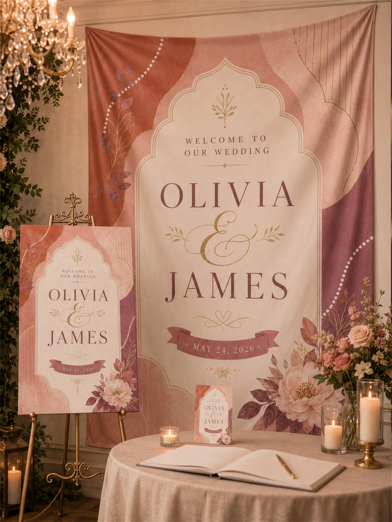 Flower arch watercolor design and gold line art decoration - Romantic and elegant wedding - Custom name and date